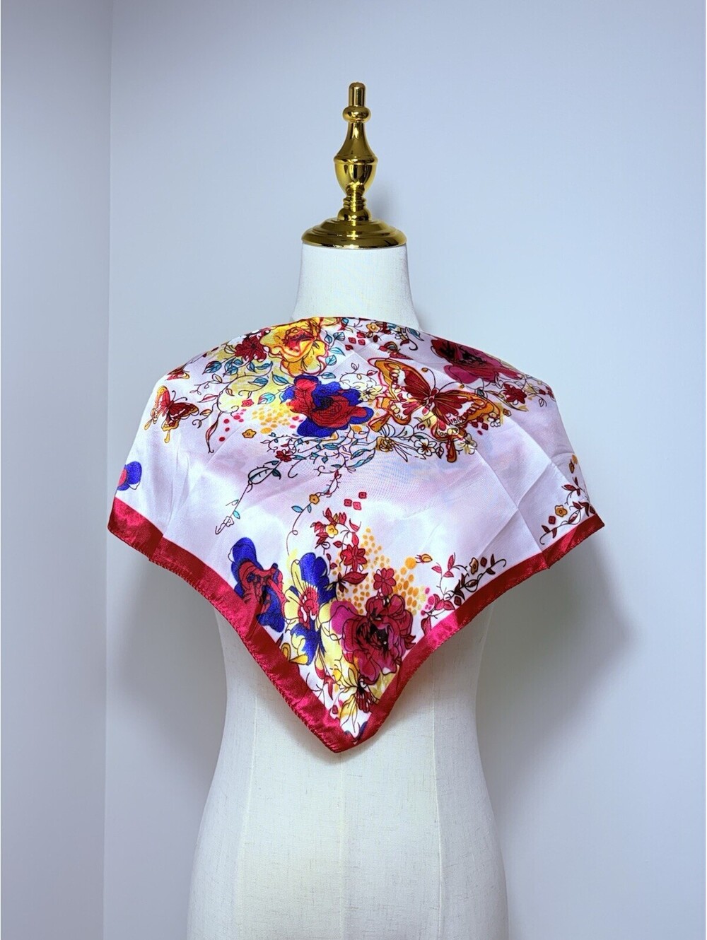 Women's Square Scarf White Floral Flower Print Red Pink Border Multicolor